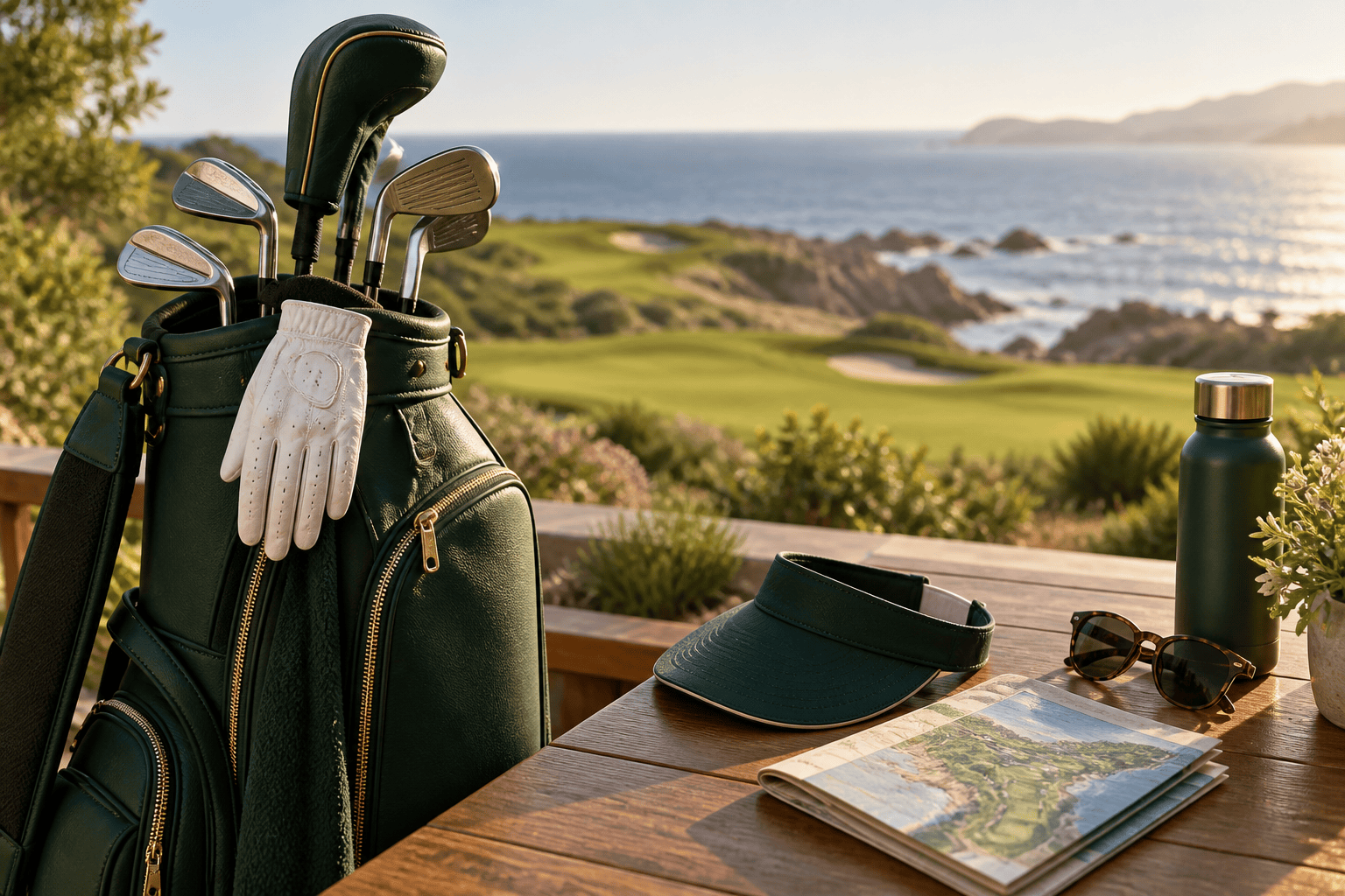 Golf bag, visor and travel map overlooking a coastal golf course