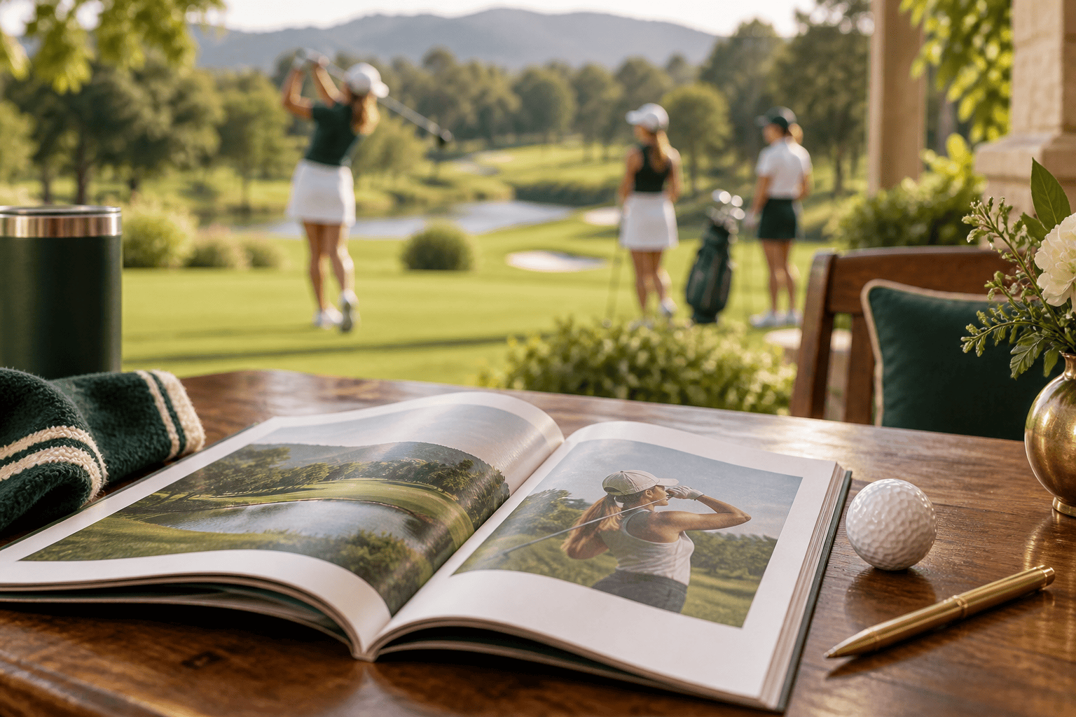 Open golf magazine, golf ball and gold pencil on a clubhouse table with golfers in the background