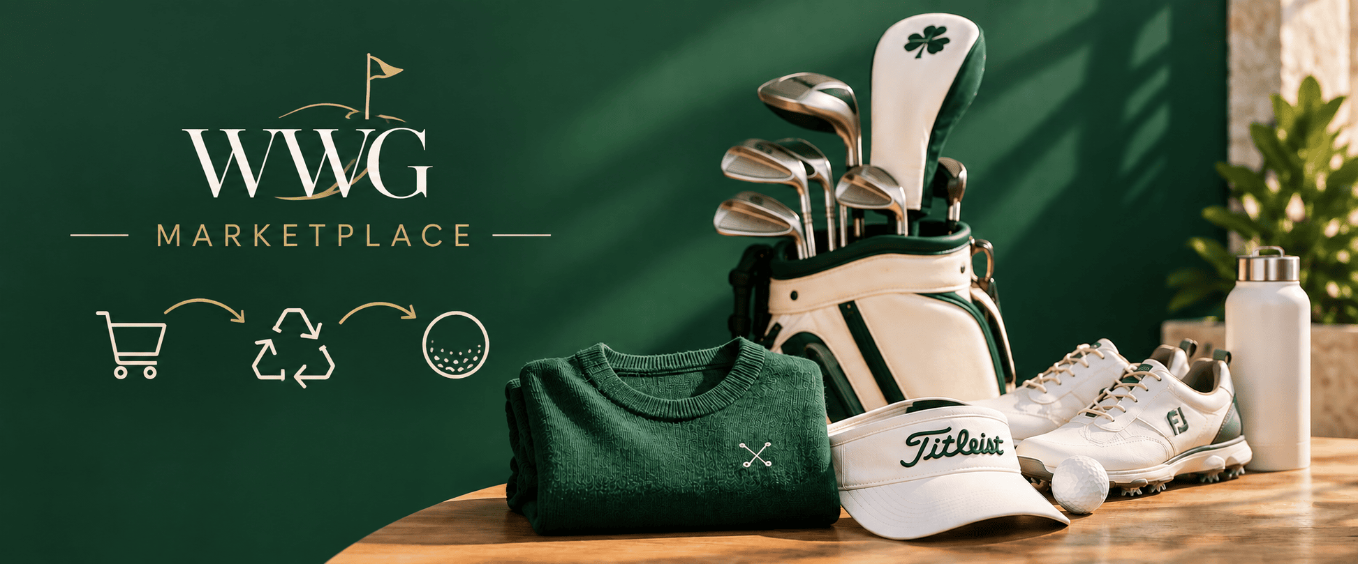 WWG Marketplace with golf clubs, a golf bag, sweater, visor and shoes